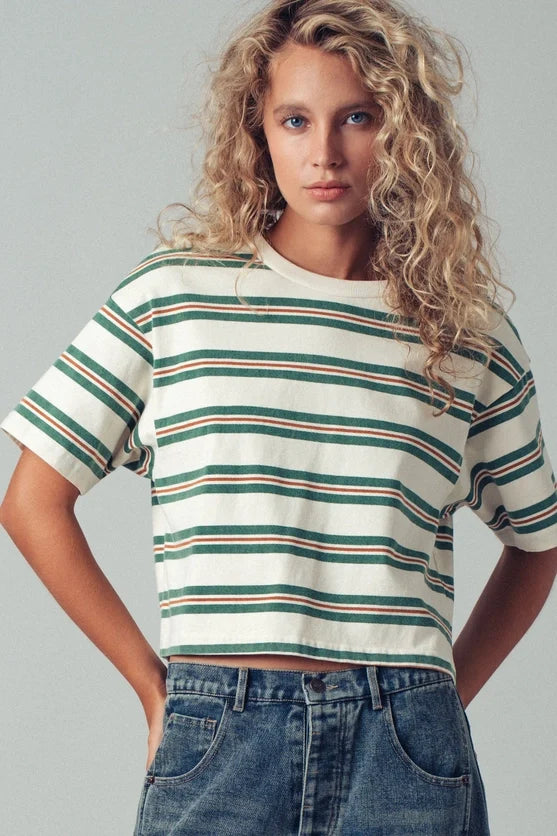 Ivory vintage washed striped cotton crop tee