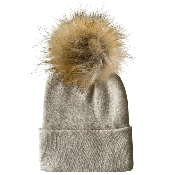 BABY'S FIRST FUR POM BEANIE - SAND