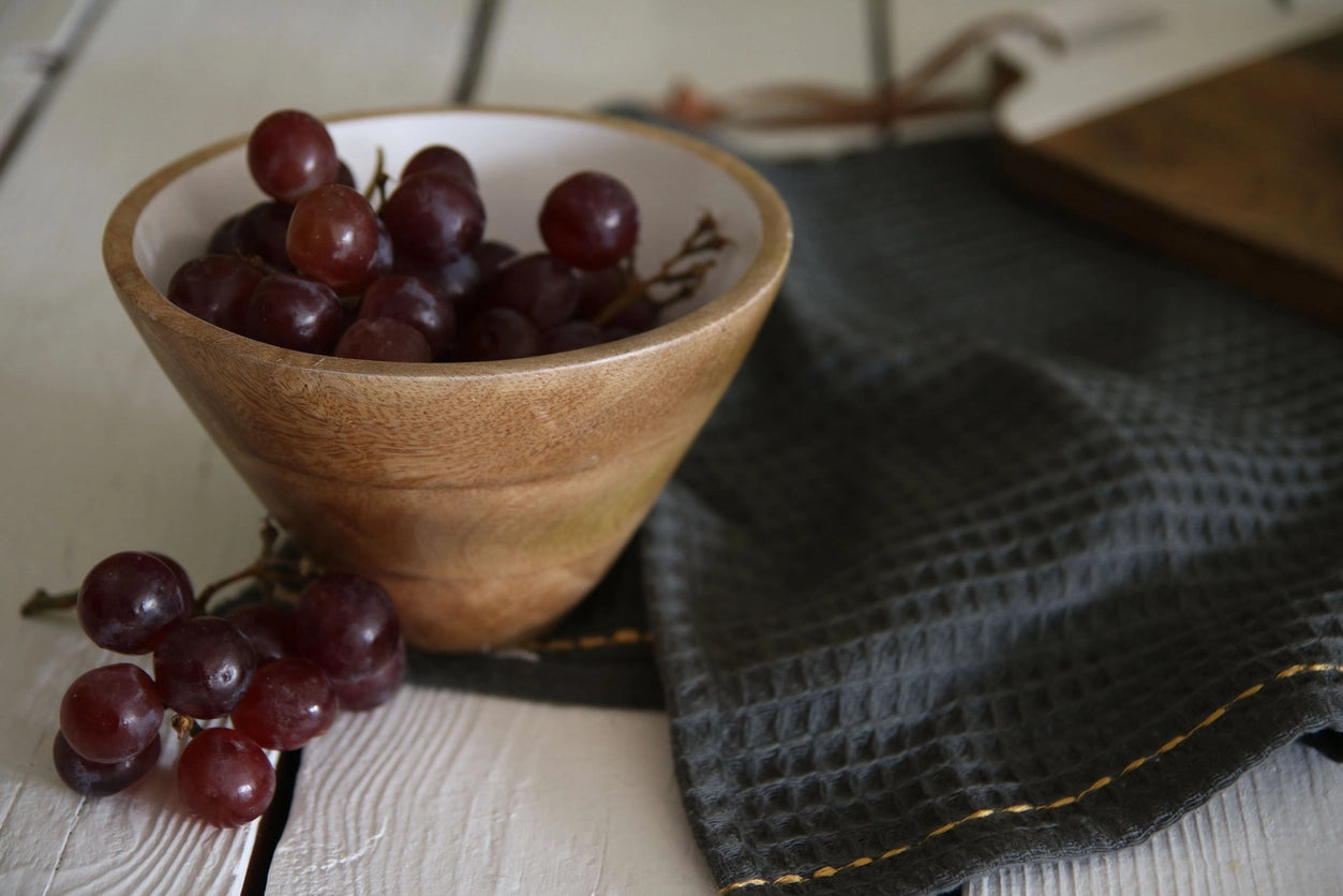 WHITE ENAMEL AND WOOD DIP BOWL