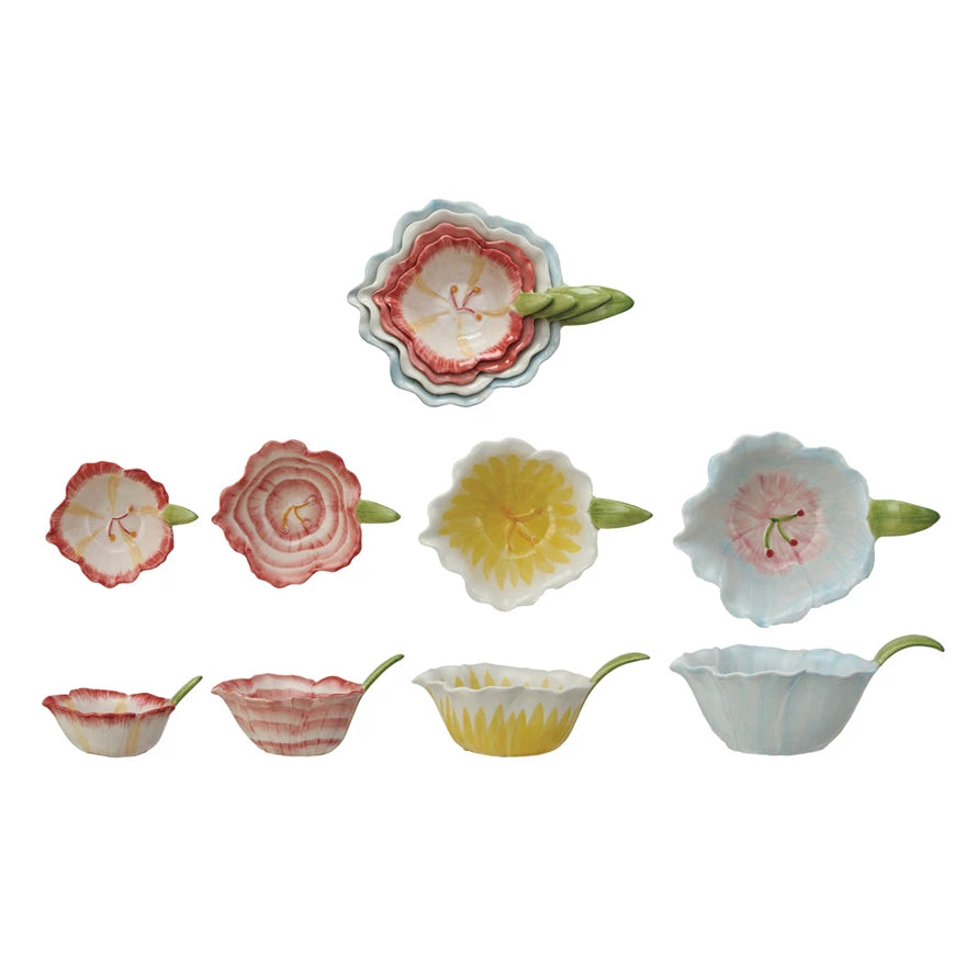 HAND-PAINTED STONEWARE FLOWER BOWL SET OF 4
