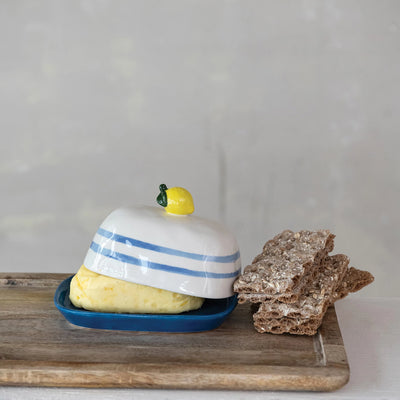 HAND-PAINTED STONEWARE LEMON BUTTER DISH