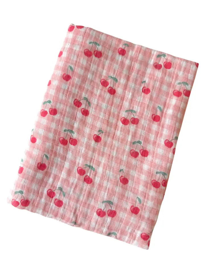 MUSLIN GINGHAM CHERRIES SWADDLE
