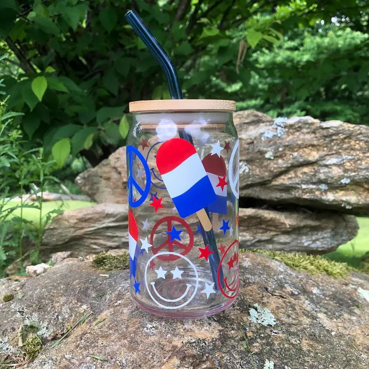 4TH OF JULY GLASS CUP WITH LID AND STRAW