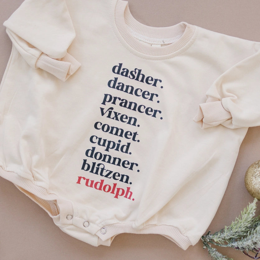 REINDEER NAMES SWEATSHIRT ROMPER