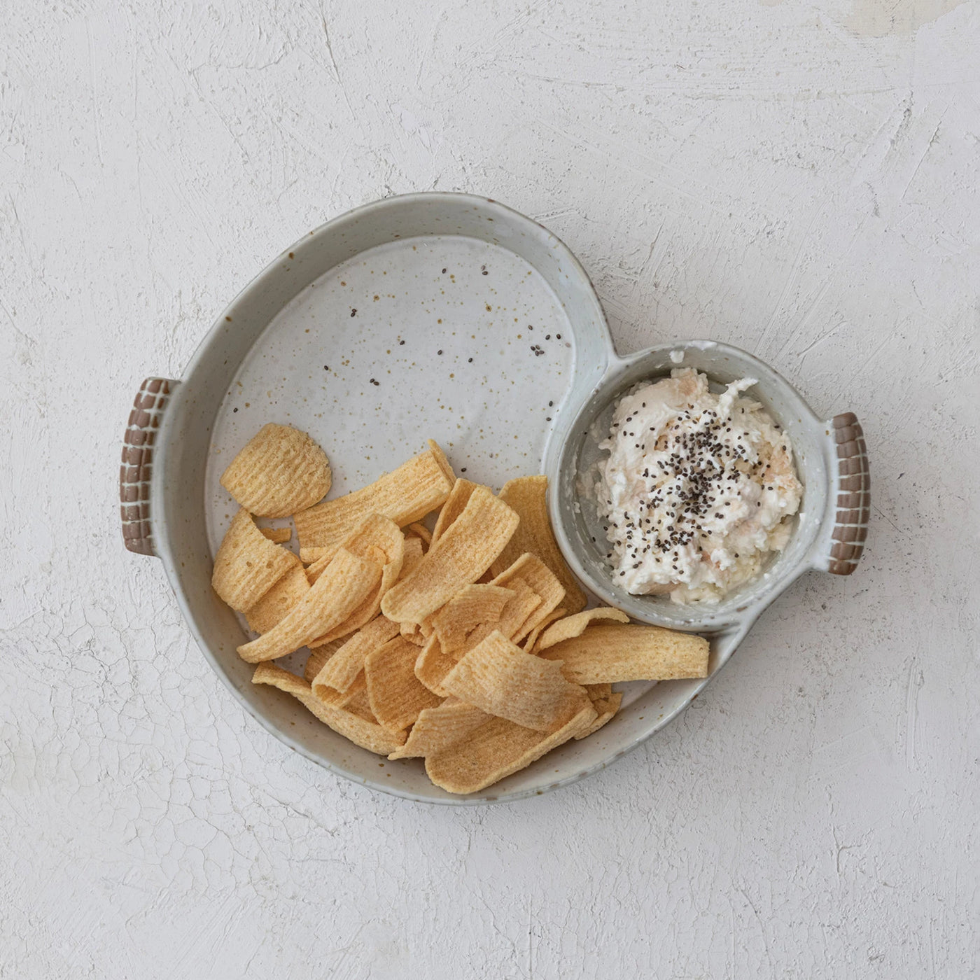 STONEWARE DISH WITH 2 SECTIONS & HANDLE
