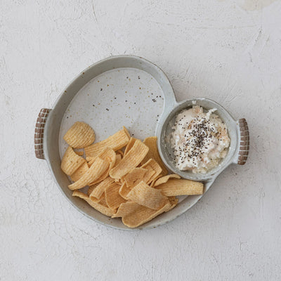 STONEWARE DISH WITH 2 SECTIONS & HANDLE