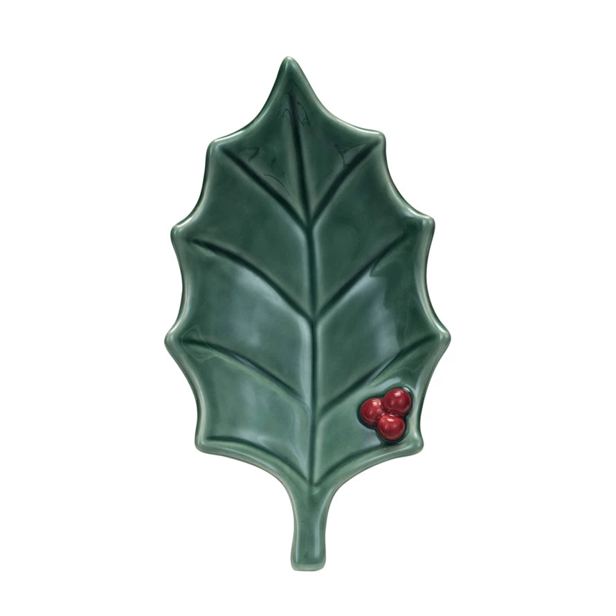 STONEWARE HOLLY LEAF DISH