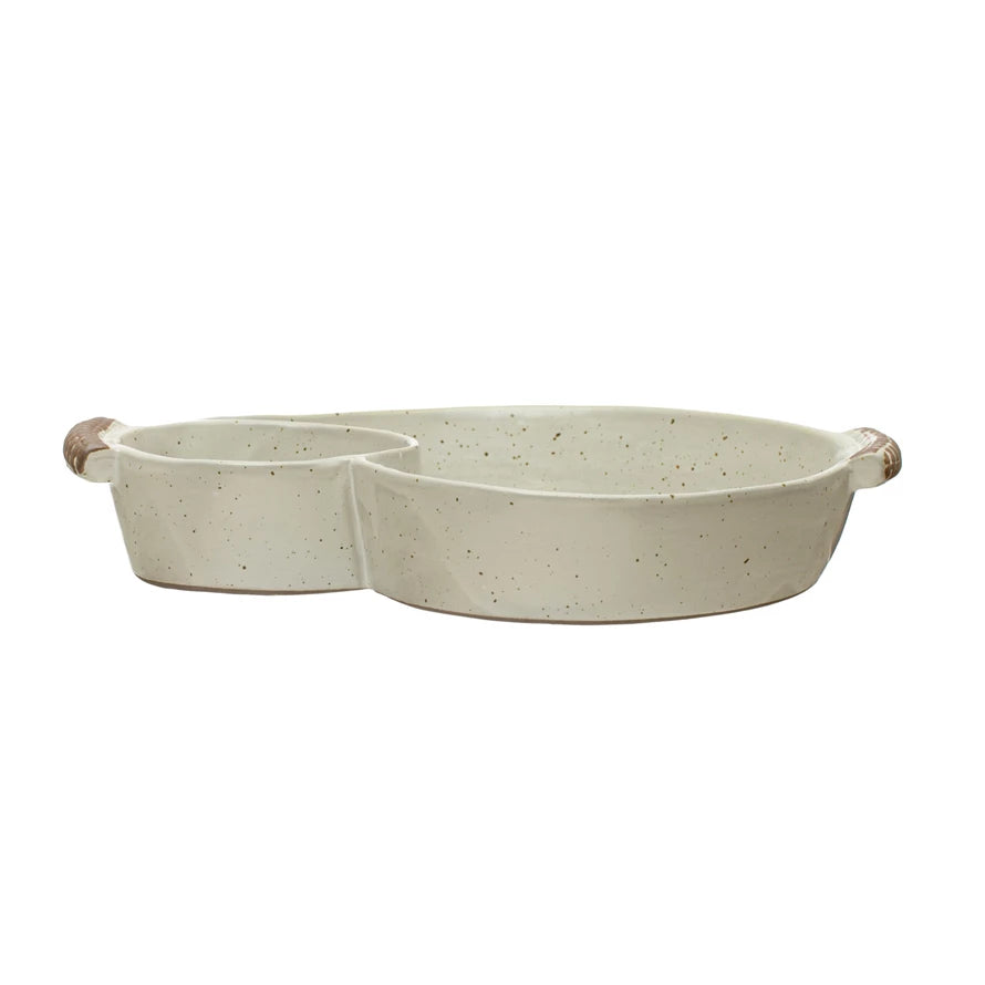 STONEWARE DISH WITH 2 SECTIONS & HANDLE
