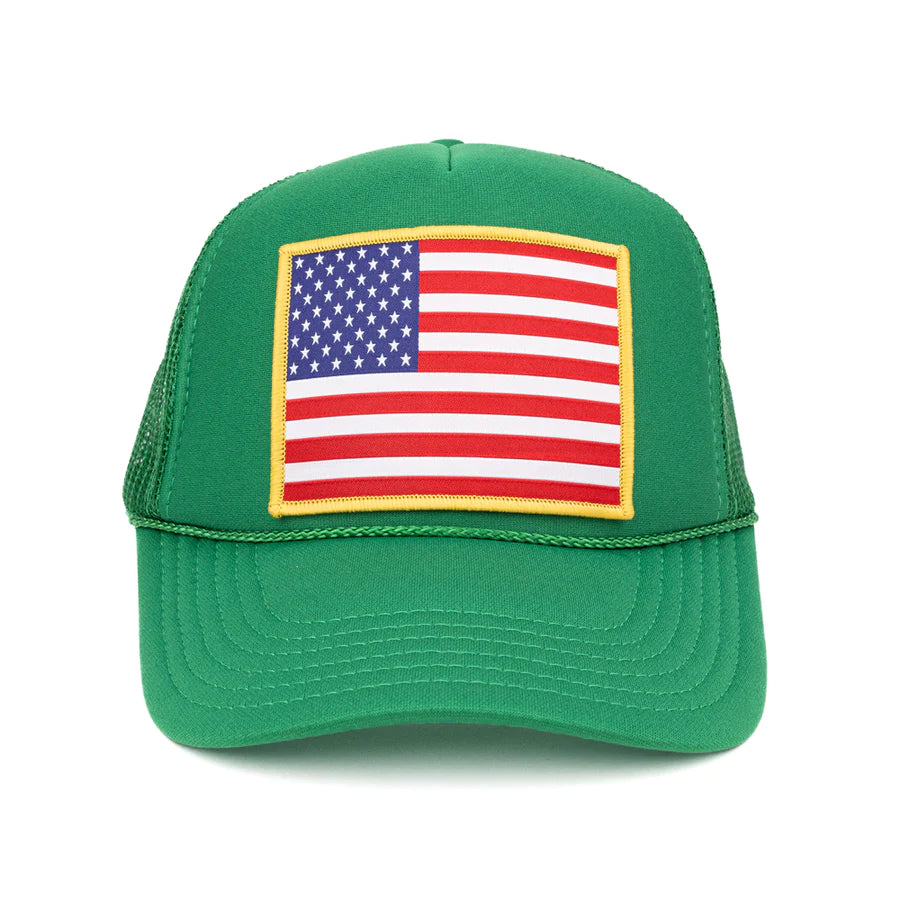 AMERICAN FLAG PATCH TRUCKER HAT - KELLY GREEN