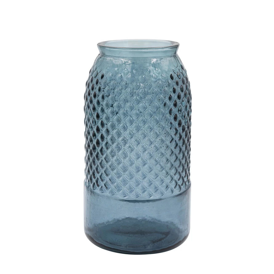 BLUE EMBOSSED RECYCLED GLASS VASE