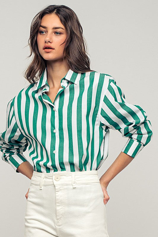 OVERSIZED GREEN STRIPE BUTTON DOWN