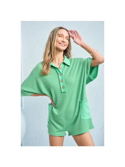 GREEN TEXTURED RIBBED ROMPER
