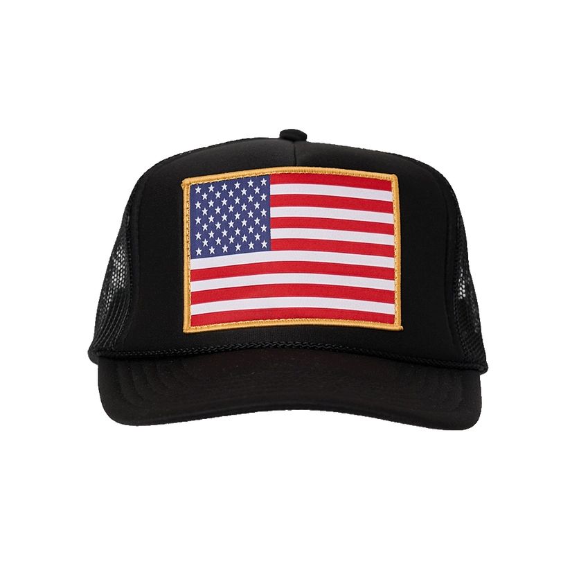 AMERICAN FLAG PATCH TRUCKER HAT - BLACK