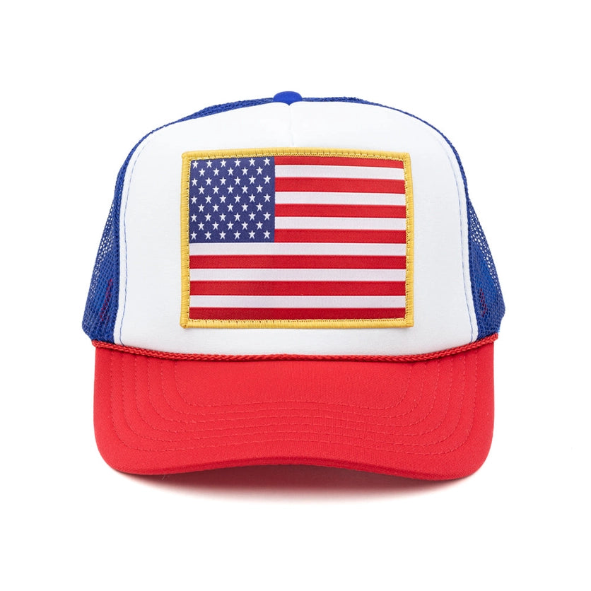 AMERICAN FLAG PATCH TRUCKER HAT - BLUE/RED