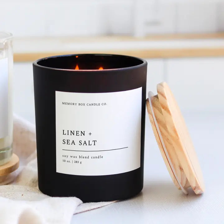 LINEN + SEA SALT 10oz MATTE BLACK GLASS SOY CANDLE