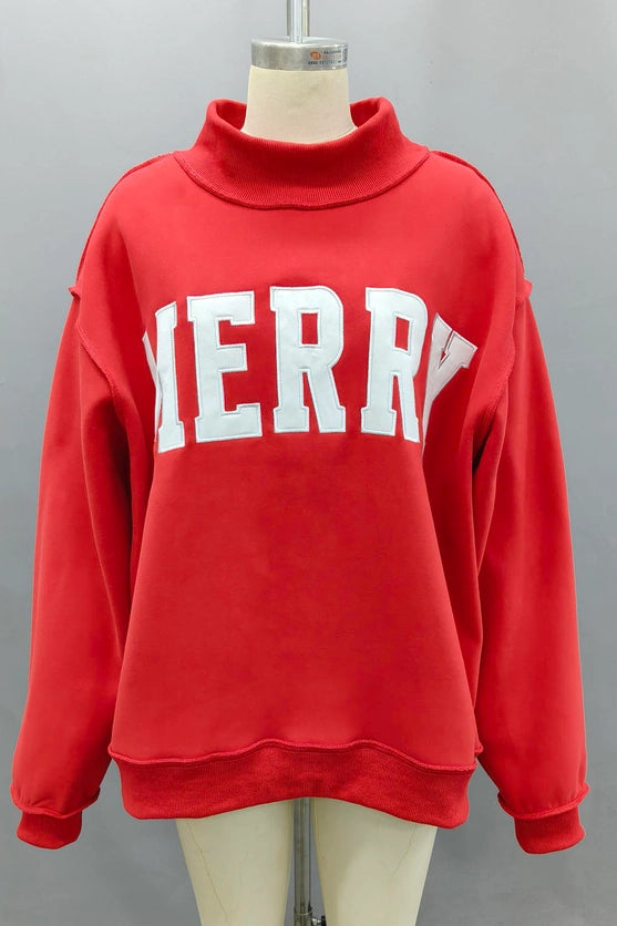 RED MERRY EMBROIEDERED MOCKNECK SWEATSHIRT