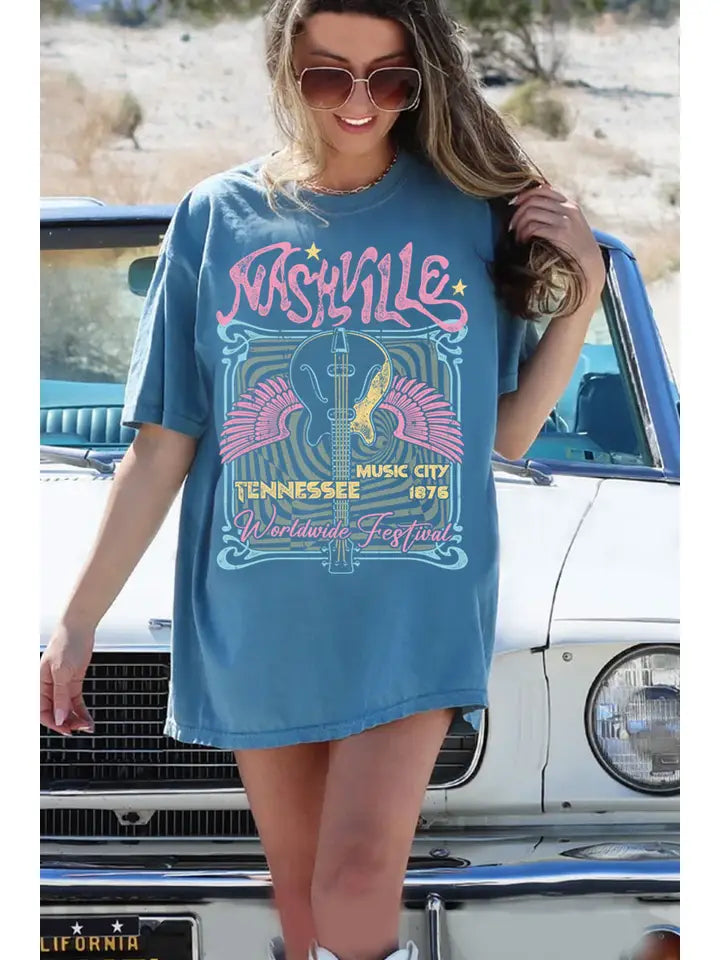 BLUE/PINK NASHVILLE OVERSIZED GRAPHIC TEE