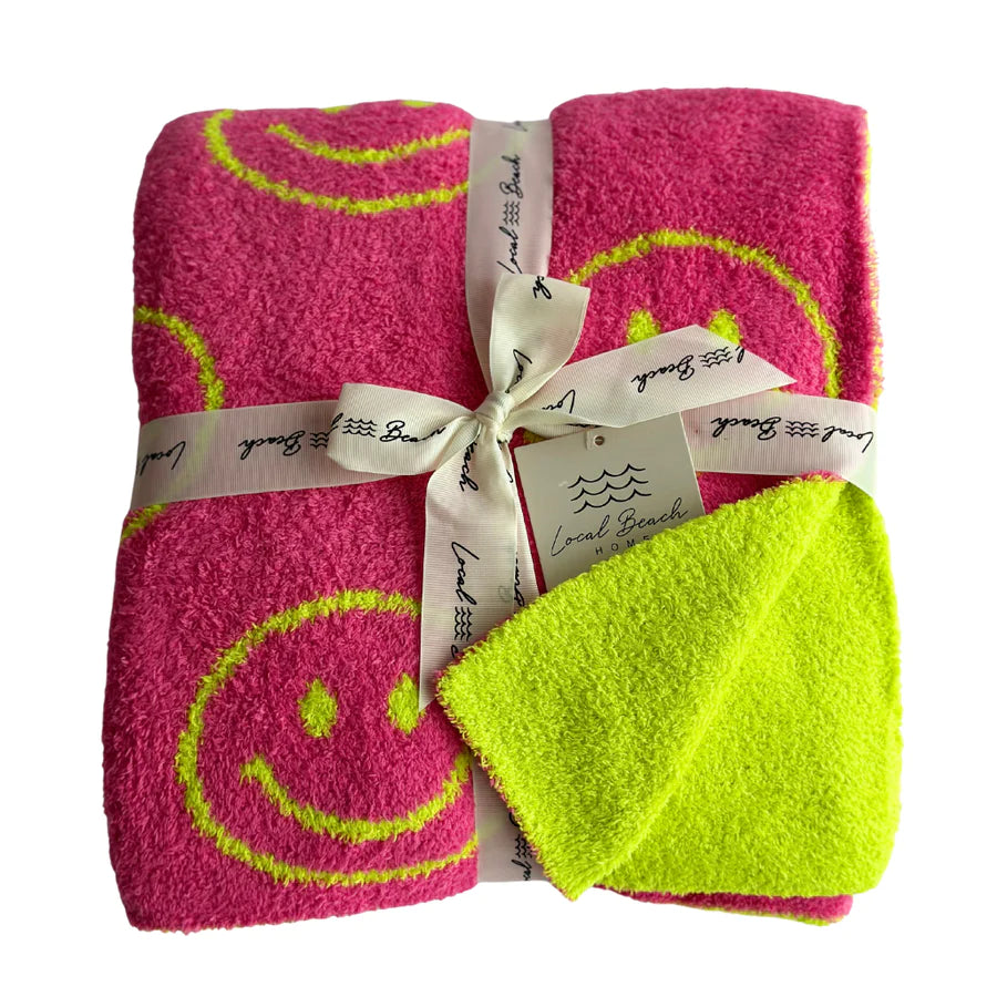 PINK NEON SMILEY LUXE HOME BLANKET
