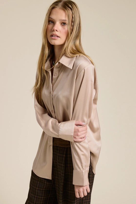 NUDE SILKY SATIN BUTTON DOWN BLOUSE
