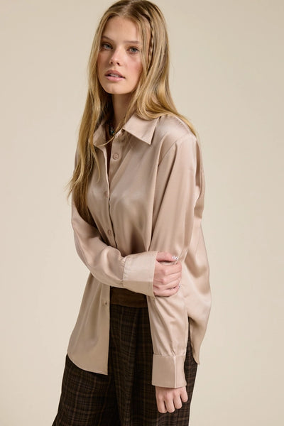 NUDE SILKY SATIN BUTTON DOWN BLOUSE