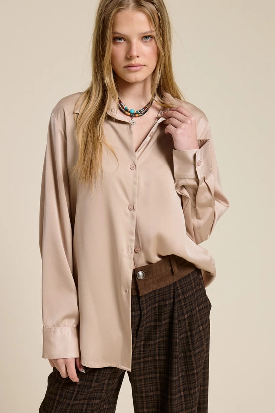 NUDE SILKY SATIN BUTTON DOWN BLOUSE