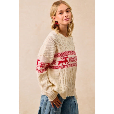 CHRISTMAS PATTERNED CABLE KNIT SWEATER