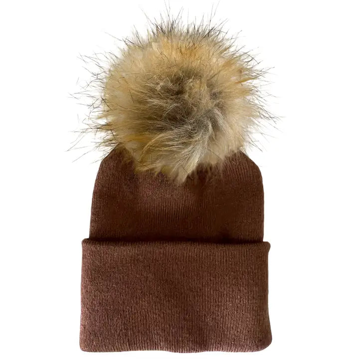 BABY'S FIRST FUR POM BEANIE - BROWN