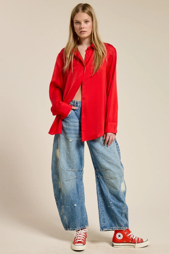RED SILKY SATIN BUTTON DOWN BLOUSE