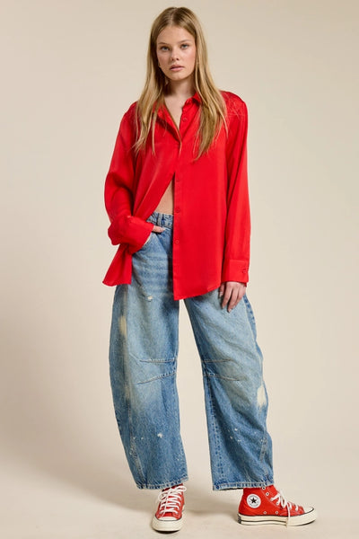 RED SILKY SATIN BUTTON DOWN BLOUSE