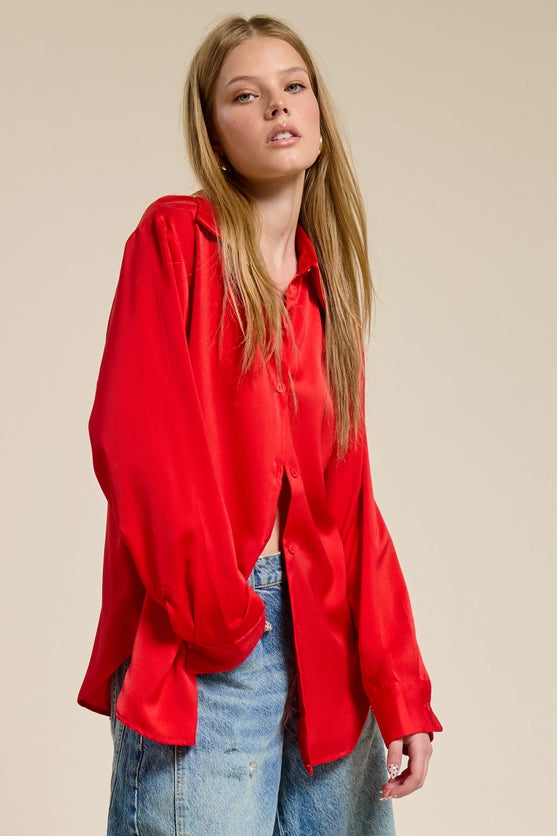 RED SILKY SATIN BUTTON DOWN BLOUSE