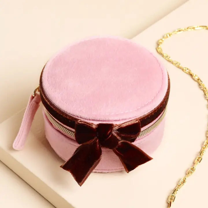 TRAVEL PINK & BURGUNDY VELVET ROUND JEWELRY CASE