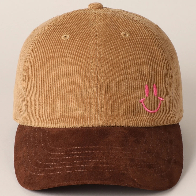 HAPPY FACE EMBROIDERED TWO-TONE CORDUROY HAT