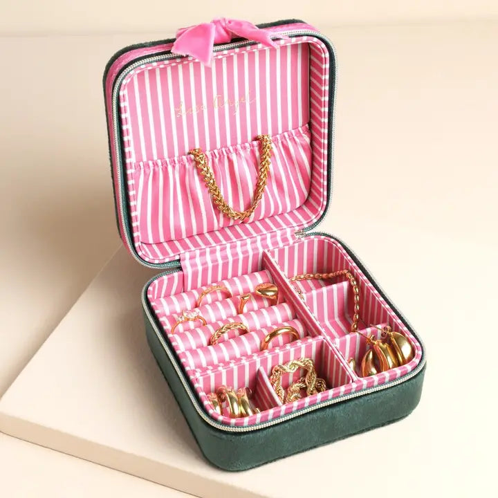 TRAVEL GREEN & PINK VELVET SQUARE JEWELRY CASE