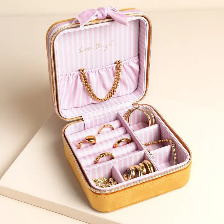 TRAVEL MUSTARD & PINK VELVET SQUARE JEWELRY CASE