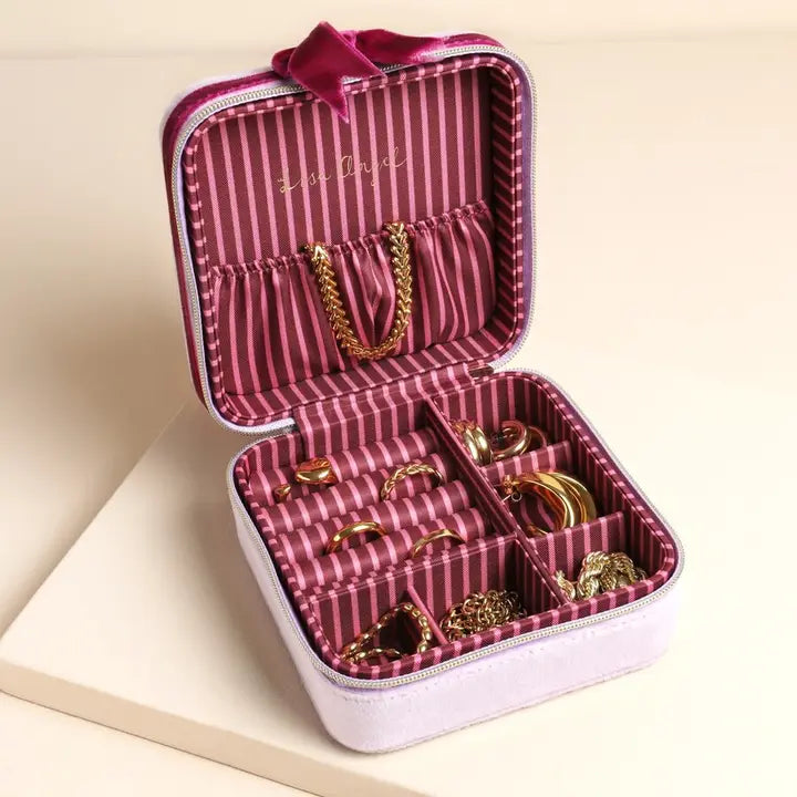 TRAVEL PINK & BURGUNDY VELVET SQUARE JEWELRY CASE
