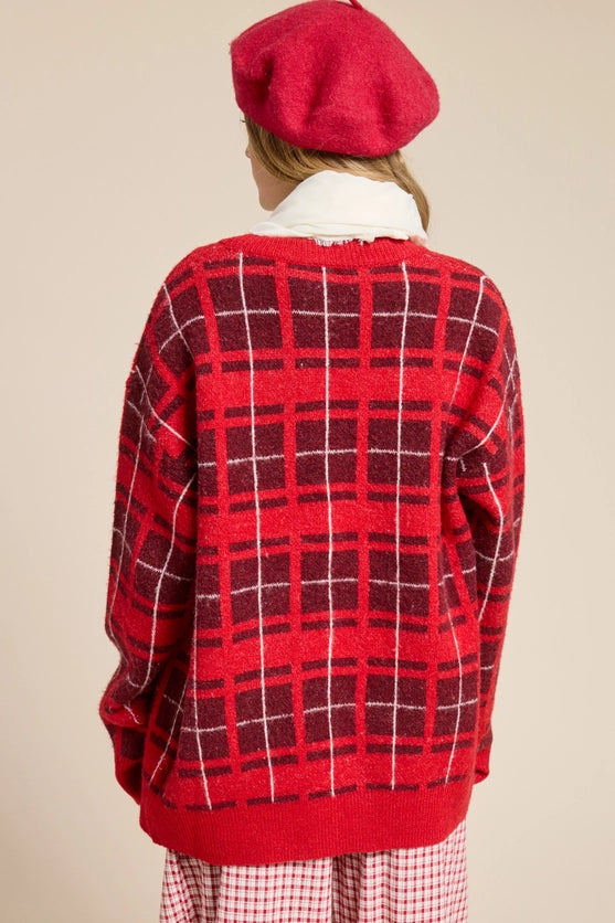 PLAID TIE-FRONT CARDIGAN SWEATER