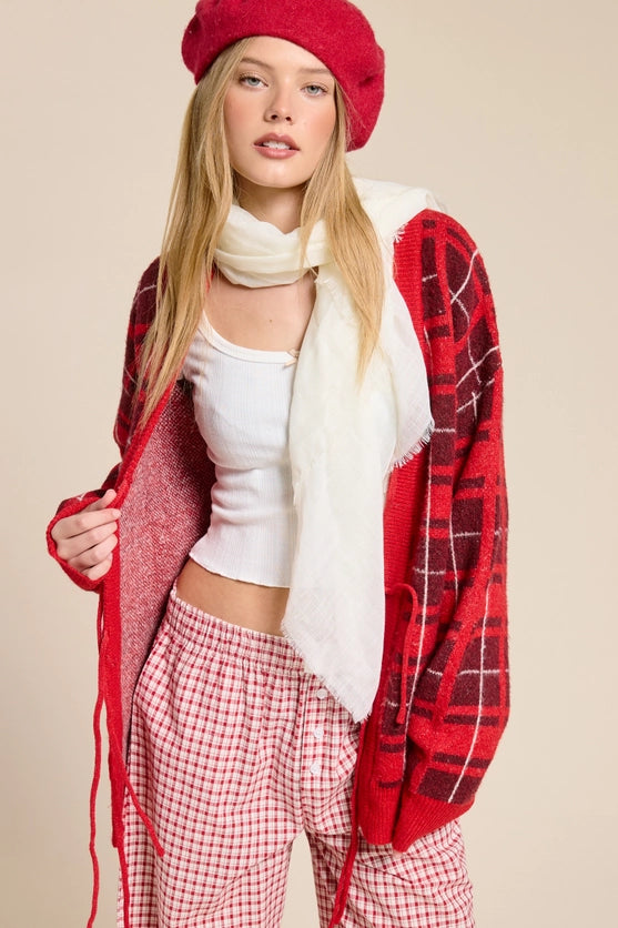 PLAID TIE-FRONT CARDIGAN SWEATER