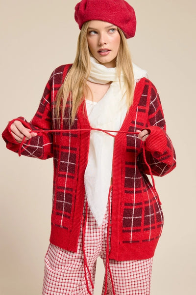PLAID TIE-FRONT CARDIGAN SWEATER