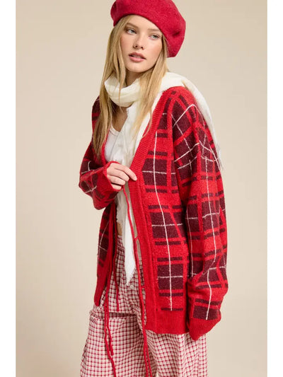 PLAID TIE-FRONT CARDIGAN SWEATER