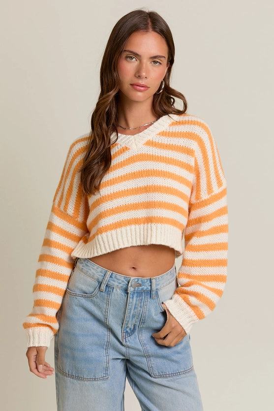 LONG SLEEVE V-NECK STRIPED SWEATER