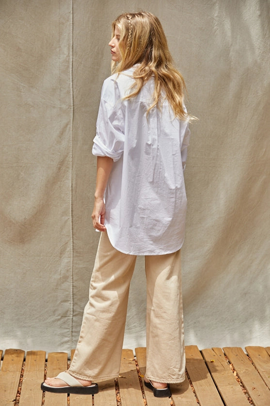 WHITE WOVEN COTTON BUTTON DOWN SHIRT
