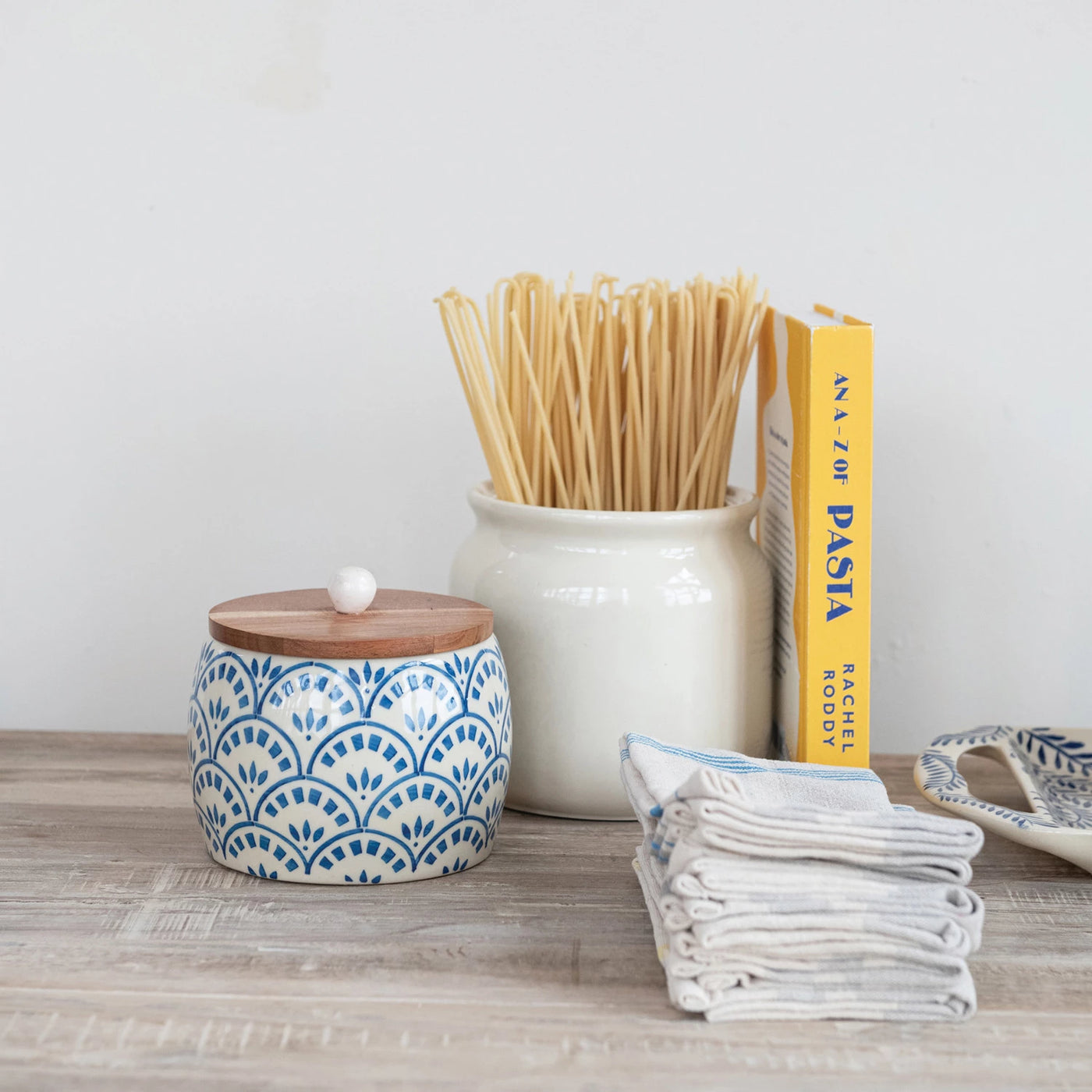 HAND-PAINTED STONEWARE CANISTER WITH LID