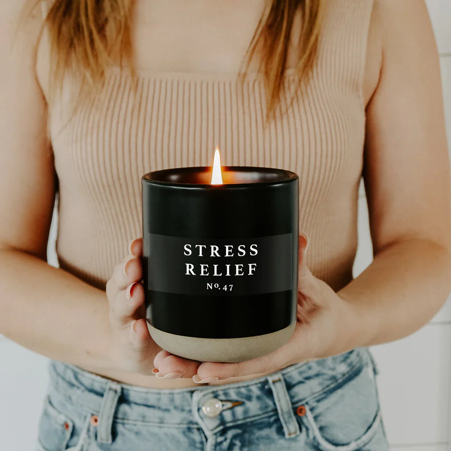 STRESS RELIEF SOY CANDLE - BLACK STONEWARE JAR - 12 OZ