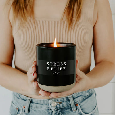 STRESS RELIEF SOY CANDLE - BLACK STONEWARE JAR - 12 OZ
